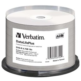 Verbatim DVD-R, 43744, DataLife PLUS, 50-pack, 4.7GB, 16X, 12cm, General, Wide Printable Surface Non-ID, cake box, Printable, do