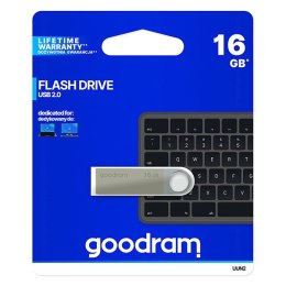 Goodram USB flash disk, USB 2.0, 16GB, UUN2, srebrny, UUN2-0160S0R11, USB A, z oczkiem na brelok