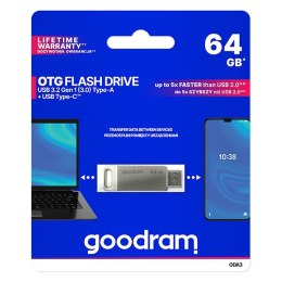 Goodram USB flash disk, USB 3.0 (3.2 Gen 1), 64GB, ODA3, srebrny, ODA3-0640S0R11, USB A / USB C, z obrotową osłoną