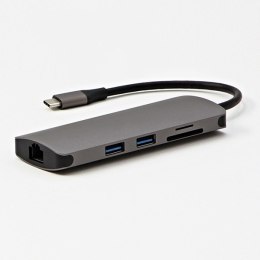 USB (3.1), USB typ C stacja dokująca 7-port, Multi, szary, All New, USB C (PD), 2x USB 3.0, TF, SD, HDMI, RJ45