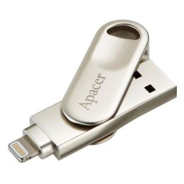 Apacer USB flash disk OTG, USB 3.0 (3.2 Gen 1), 32GB, AH790, srebrny, AP32GAH790S-1, USB A / Lightning, z obrotową osłoną