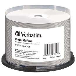 Verbatim DVD-R, 43782, DataLife PLUS, 50-pack, 4.7GB, 16x, 12cm, Professional, cake box, Wide Silver Thermal Printable, do archi