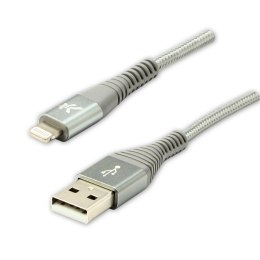 Kabel USB (2.0), USB A M- Apple Lightning M, 1m, MFi certifikat, 5V/2,4A, srebrny, Logo, box, oplot nylonowy, aluminiowa osłona 