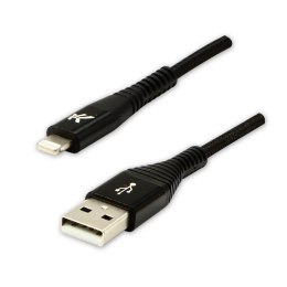 Kabel USB (2.0), USB A M- Apple Lightning M, 2m, MFi certifikat, 5V/2,4A, czarny, Logo, box, oplot nylonowy, aluminiowa osłona z