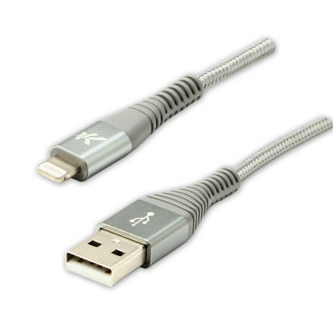 Kabel USB (2.0), USB A M- Apple Lightning M, 2m, MFi certifikat, 5V/2,4A, srebrny, Logo, box, oplot nylonowy, aluminiowa osłona 