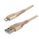 Kabel USB (2.0), USB A M- Apple Lightning M, 2m, MFi certifikat, 5V/2,4A, złoty, Logo, box, oplot nylonowy, aluminiowa osłona zł