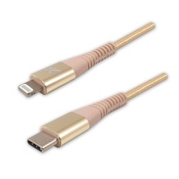 Kabel USB (2.0), USB C M- Apple Lightning M, 2m, MFi certifikat, 5V/3A, złoty, Logo, box, oplot nylonowy, aluminiowa osłona złąc