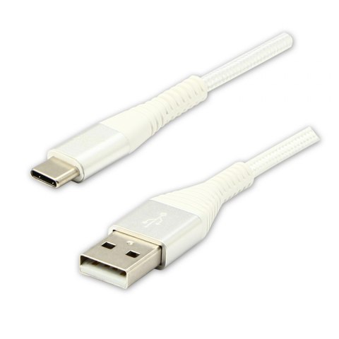 Kabel USB (2.0), USB A M- USB C M, 1m, 480 Mb/s, 5V/3A, biały, Logo, box, oplot nylonowy, aluminiowa osłona złącza