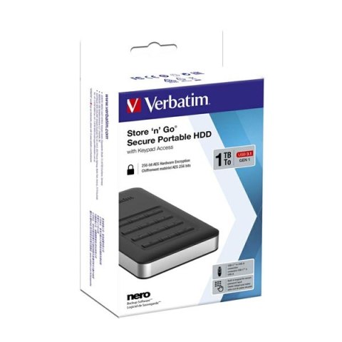 Verbatim zewnętrzny dysk twardy, Store N Go Secure Portable, 2.5", USB 3.0 (3.2 Gen 1), 1TB, 53401, czarny, szyfrowany, z klawia