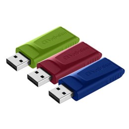 Verbatim USB flash disk, USB 2.0, 16GB, Slider, zielony, niebieski, czerwony, 49326, USB A, z wysuwanym złączem. 3 szt