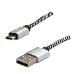 Kabel USB (2.0), USB A M- USB micro B M, 1m, 480 Mb/s, 5V/2A, srebrny, Logo, box, oplot nylonowy, aluminiowa osłona złącza