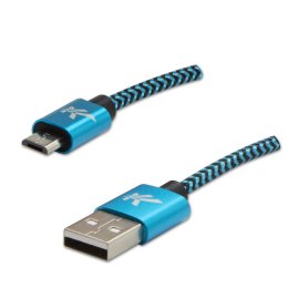 Kabel USB (2.0), USB A M- USB micro B M, 2m, 480 Mb/s, 5V/1A, niebieski, Logo, box, oplot nylonowy, aluminiowa osłona złącza