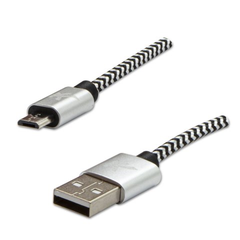 Kabel USB (2.0), USB A M- USB micro B M, 2m, 480 Mb/s, 5V/1A, srebrny, Logo, box, oplot nylonowy, aluminiowa osłona złącza