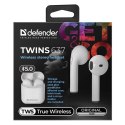Defender Twins 637, słuchawki z mikrofonem, bez regulacji głośności na przewodzie, biała, douszne, BT 5.0, TWS, etui z ładowarką