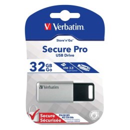 Verbatim USB flash disk, USB 3.0 (3.2 Gen 1), 32GB, Secure Pro, Store N Go, srebrny, 98665, USB A, szyfrowanie AES 256-bit