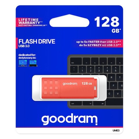 Goodram USB flash disk, USB 3.0 (3.2 Gen 1), 128GB, UME3, pomarańczowy, UME3-1280O0R11, USB A, z osłoną