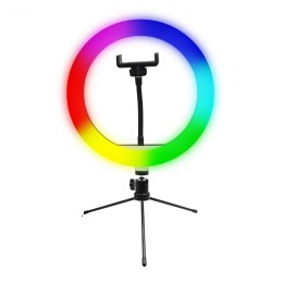 Lampa studyjna pierścieniowa Powerton 10 ", RGB LED, niska, regulacja barwy i intensywności światła, uchwyt telefonu i tripod