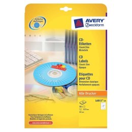Avery Zweckform etykiety na CD 117/41mm, A4, matowe, białe, 2 etykiety, pakowany po 25 szt., L6015-25, do drukarek laserowych i 