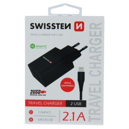 Zasilacz / sieciowy adapter SWISSTEN 10W, 2-portowy, USB-A, kabel Lightning Mfi, biały