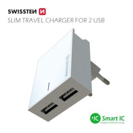 Zasilacz / sieciowy adapter SWISSTEN 15W, 2-portowy, USB-A, kabel Lightning Mfi, Smart IC,stojak na telefon