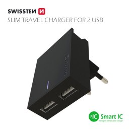 Zasilacz / sieciowy adapter SWISSTEN 15W, 2-portowy, USB-A, kabel Lightning Mfi, Smart IC, stojak na telefon
